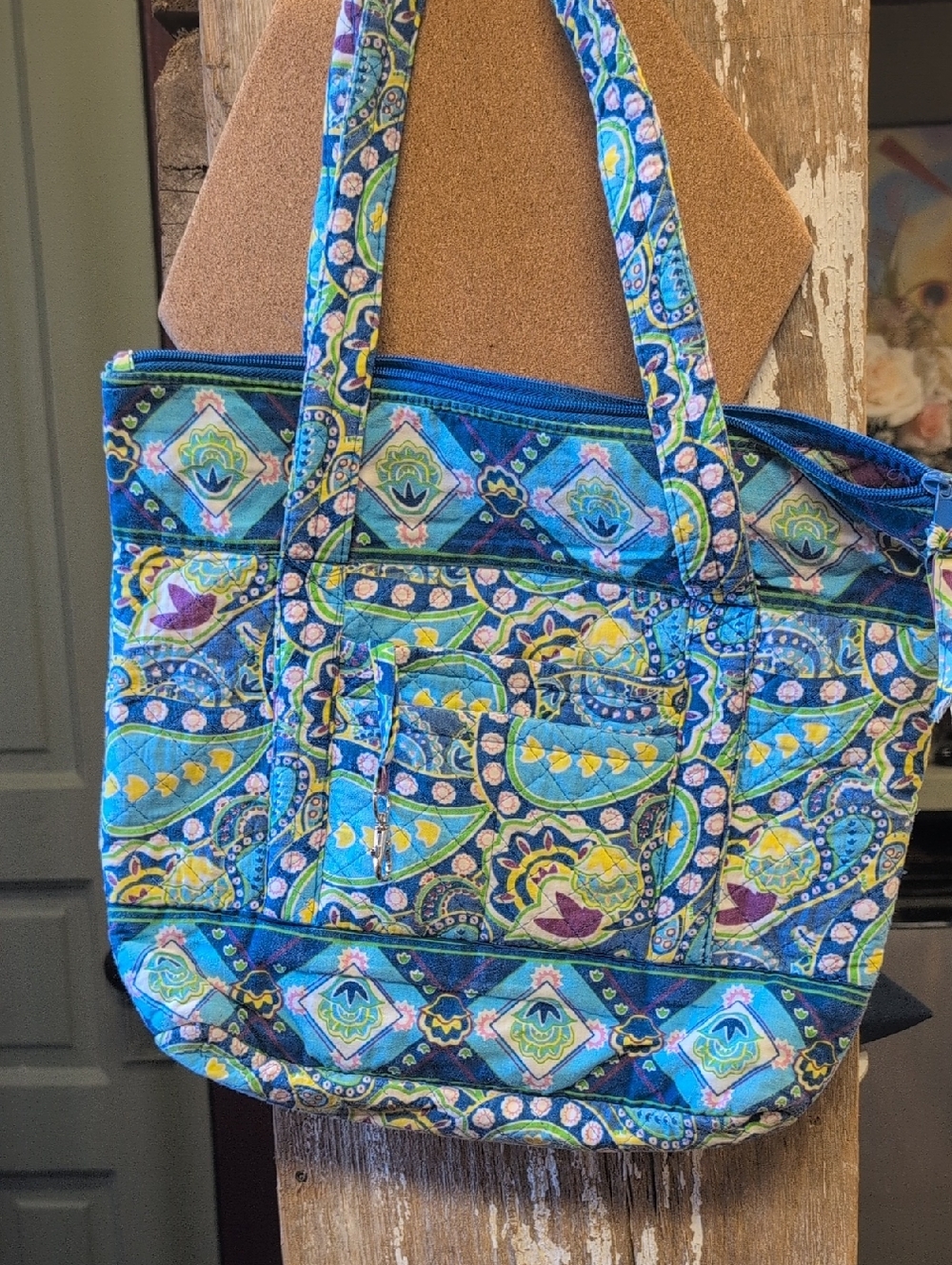 Vera Bradley Retired Riviera Blue Paisley Quilted Tote with Multicolor Accents